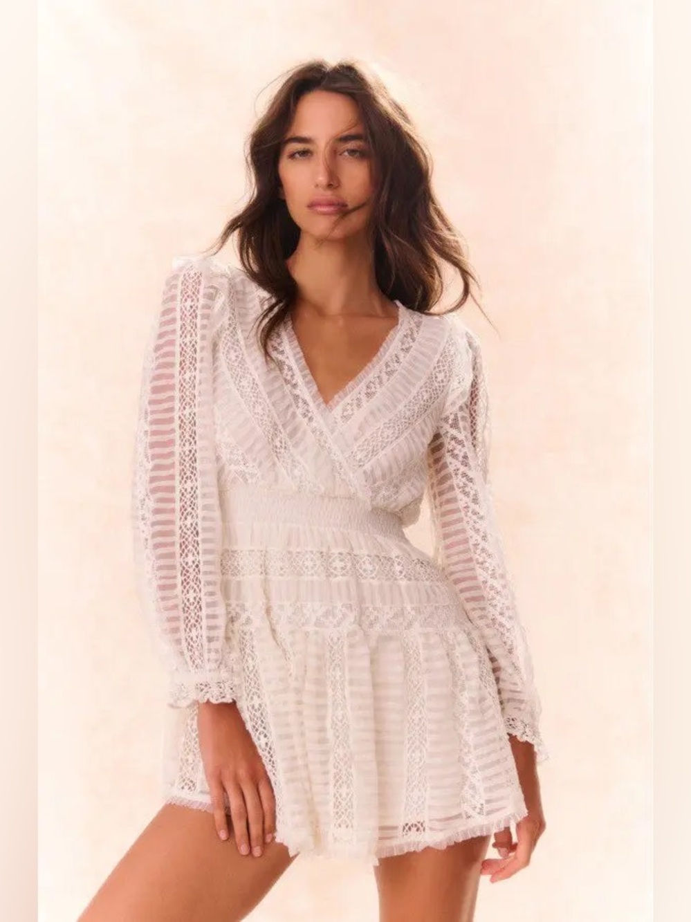 LoveShackFancy White Lace-Trim Long Sleeve Mini Dress